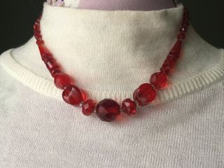 Vintage Costume Jewellery - Art Deco Faceted Red Glass Beads Necklace