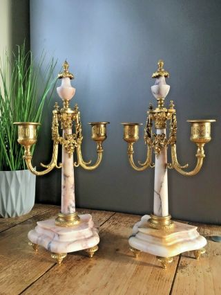 Antique French Empire Gilt Bronze & Marble Column Garniture Candlesticks
