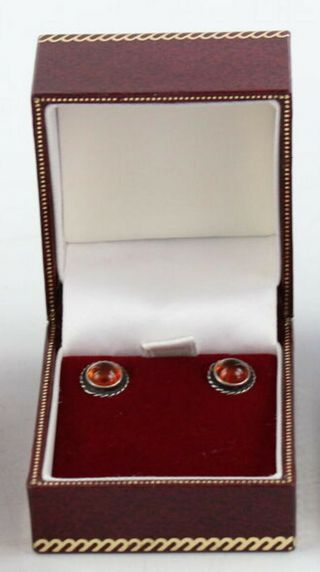 Rare,  Vintage Baltic Amber Stud Earrings Set In Ornate Sterling Silver