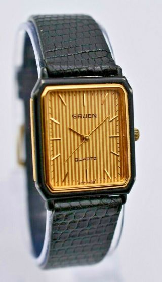 Vintage 1980s Unisex Gruen Black And Gold Tone Dress Watch,  Quartz Runs 227 - 2035