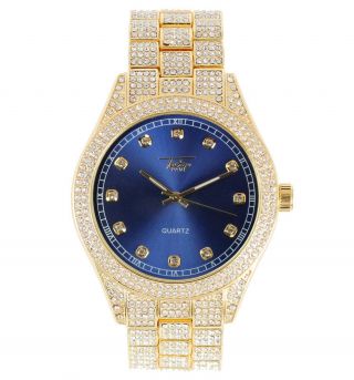 Men Ice Watch Bling Rapper Simulated Diamond Metal Band Blue Hip Luxury Cubic