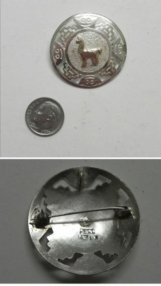 S607 Vintage Peru 925 Sterling Silver 18k Gold 1 - 3/8 " Round Llama Pin/pendant