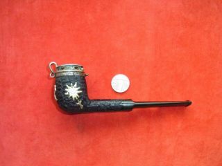 A Vintage Rustic Tobacco Smoking Pipe With Wind Cap & Metal Mounts