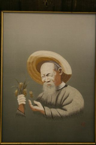 Japanese Silk Embroidery Old Man Signed Early - Mid 20c