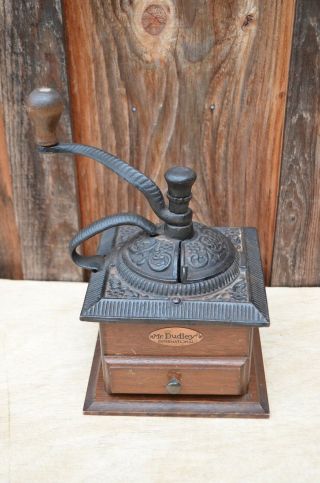Mr Dudley International Hand Coffee Grinder Cast Iron Wood Mill Vintage