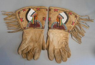 Antique Gauntlet Gloves Native American Beaded Man Headdress Leather With Fringe