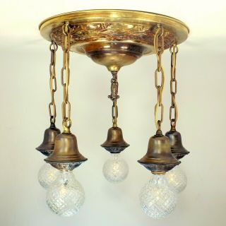 Antique Victorian Art Craft Brass Bronze Bare Bulb Ceiling Light Fixture Rewired