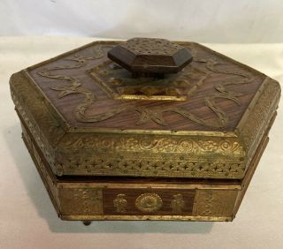 Vintage Mahogany And Brass Jewelry Box Footed 8” X 4 1/4” H Hexagon Shape