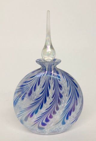Vintage Blue & White Swirl Iridescent Art Glass Perfume Bottle W/ Stopper