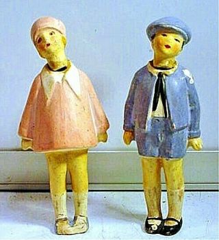 2 Antique Germany Circa 1920`s Boy & Girl Bisque Nodder Dolls