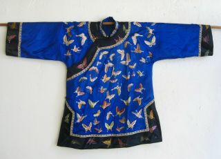 Fine Old Antique Chinese Blue Embroidered Silk Butterflies Imperial Robe