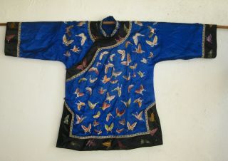 Fine Old Antique Chinese Blue Embroidered Silk Butterflies Imperial Robe 6