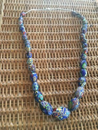 Vintage Sterling Silver Colorful Art Glass Murano Millefiori Graduated Necklace