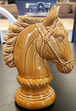 Vintage Ceramic Glazed Horse Head Chess Knight Cigarette Table Lighter