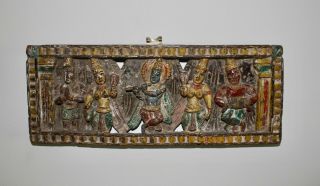 Antique Indian Hindu Temple Wood Panel Vishnu Lakshmi Hand Carved Painted
