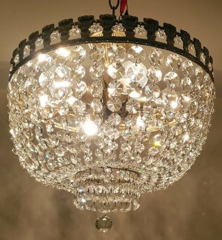 Antique Vintage Brass & Crystals Low Ceiling Large Chandelier Lighting Light