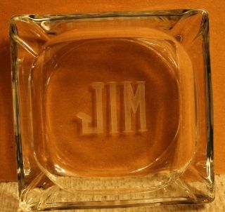 Vintage Mid Century Large Glass Ash Tray Monogrammed " Jim " - Tobacciana