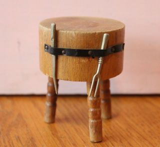 Vintage Dollhouse Miniature Wood Round Butcher Block Table 3 Legs Carving Table