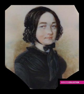 Antique 1840s French Miniature Painting Watercolor & Gouache Portrait Of A Lady