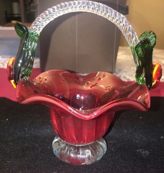 Vintage Italian Hand Blown Murano Art Glass Basket Hand Blown Ruby Red & Flowers