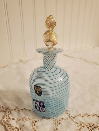 Vtg Murano Art Glass Perfume Bottle Blue White Spiral Gold Leaf Stop Foil Label