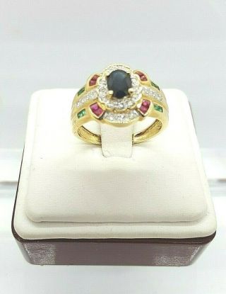 Vintage 14k Yellow & White Gold Ring W/diamonds,  Sapphire,  Rubies & Emeralds