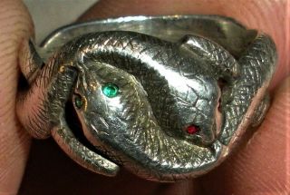 Antique Victorian 1850 - 1870 Snake Emerald & Ruby Eyes Sterling Silver Ring Vafo