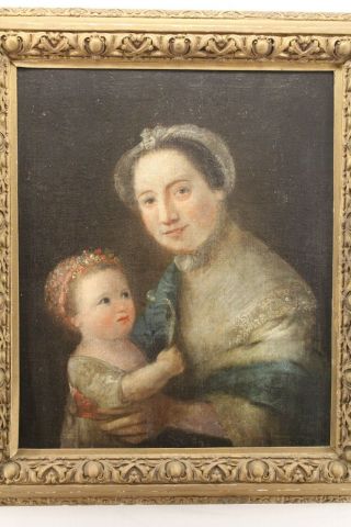 Primitive Antique 18th,  19th C Portrait Painting Of Mother And Child - -