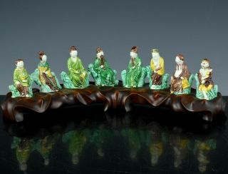 Great Set Antique Chinese Famille Verte Eight Immortals Porcelain Figures Stand