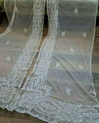 Antique Tambour Lace Curtain Panels Pair 34 " X 112 " French Floral White Cotton