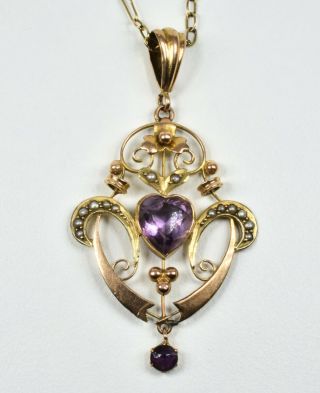 Antique Edwardian 9ct Gold Amethyst Seed Pearl Lavaliere Pendant & Chain,  C1905
