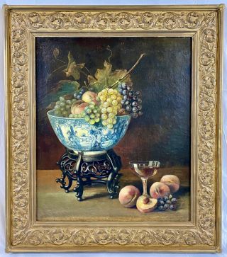 Antique 19th C.  European Still Life Fruits & Porcelain,  Oil Painting On Canvas
