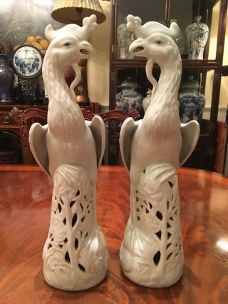 A Pair Chinese Early 20th C Blanc De Chine Porcelain Bird Statues,  Marked.