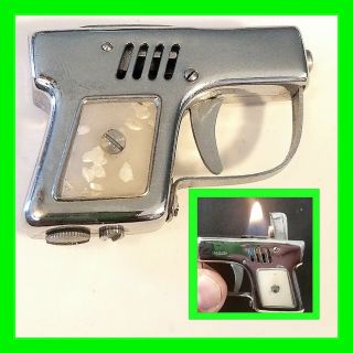 Vintage Petrol Mini Gun /pistol Lighter White Handles In Workin Cond