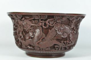 Signed Fine Old Chinese Carved Cinnabar Lacquer Dragon Bowl Scholar Art