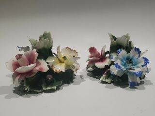 2 Capodimonte Porcelain Rose Flower Candle Holder Pair Made In Italy Vintage