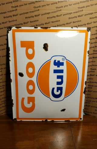 Good Gulf Gasoline Porcelain Sign Gas Pump Plate Vintage Brand Motor Oil Co.