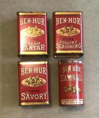 Vintage Ben - Hur Spice Tins,  2 Oz.  Poultry Seasoning,  Cream Tartar,  Etc.  (a3)