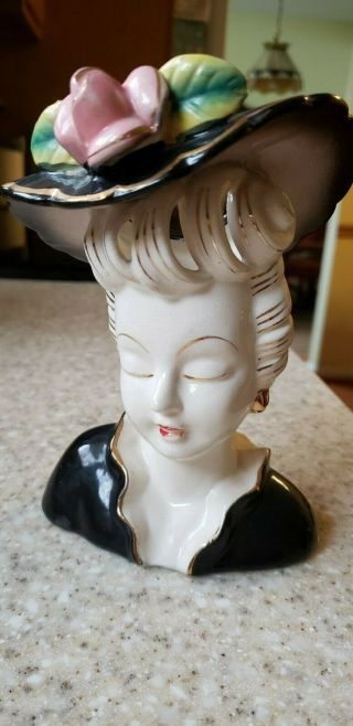 Vintage 6 " Lady Head Vase Planter With Ceramic Rose