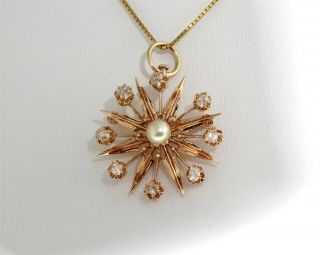 Estate Antique 14k Yellow Gold Old Mine Cut 1.  60 Ctw Pearl Star Pendant Brooch