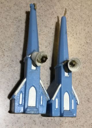 Set Of 2 Vtg Gurley BLUE SPIRE CHURCH w WHITE BELL - Candle 2