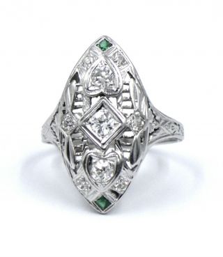 Antique Art Deco Diamond Emerald Filigree Ring Engraved 18k White Gold Size 6.  5