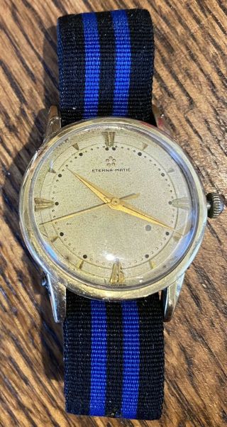 Vintage Eterna Matic Swiss Men’s Wrist Watch Running Blue & Black Band 3791552