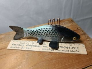 Hand Carved Wooden Fish Decoy.  Black And White With Green Spots 5 1/2 ".