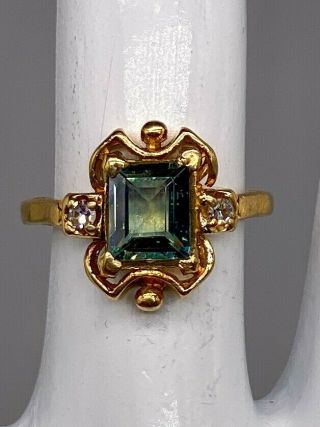 Antique 1940s $3000 Retro 3ct Blue Green Tourmaline Diamond 14k Yellow Gold Ring