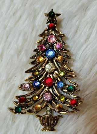 Vintage Signed Hollycraft Multi - Color Rhinestone Christmas Tree Brooch Pin