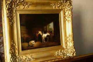 19th Cen.  Antique Oil Painting Inside Of A Stable After George Morland 1763 - 1804