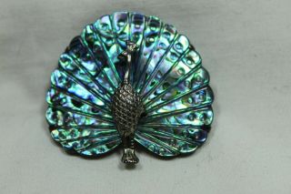 Vintage Sterling Silver Abalone Paua Shell Peacock Pin Signed W/ Butterfly