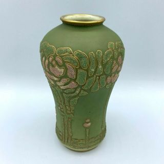 Antique 1909 Art Nouveau Green Coralene Floral Vase Japan Kinran Patent Mark