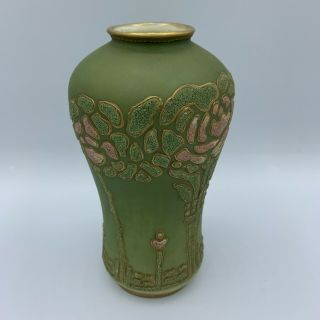 Antique 1909 Art Nouveau Green Coralene Floral Vase Japan Kinran Patent Mark 2
